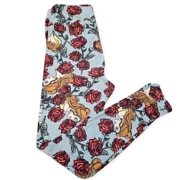 Lularoe OS Belle Beauty and The Beast Disney Grey Red Floral Leggings - Picture 2 of 7
